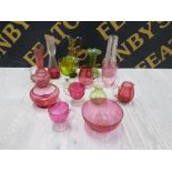 14 PIECES OF ANTIQUE GLASS WARE INCLUDES CRANBERRY GLASS WITH CLEAR GLASS CRIMPING ANTIQUE GREEN