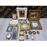 COLOUR PRINTS AND VARIOUS PICTURES FRAMES INCLUDING ART NOUVEAU SILVER PLATED AS WELL AS FOUR CAMEOS