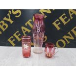 ANTIQUE CRANBERRY GLASS TO INCLUDE 2 WITH LILY OF THE VALLEY ENAMELLED DECORATION AND A SMALLER