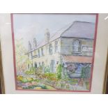 A WATERCOLOUR BY M THOMPSON VIEW OF A PUB SIGNED 25 X 25CM