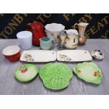 MISCELLANEOUS ITEMS TO INCLUDE CABBAGE WARE BY CARLTON AND CROWN DEVON PLUS POOLE VOLCANIC STYLE