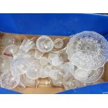 A BOX CONTAINING A LARGE QUANTITY OF GLASS AND CRYSTAL DRINKING GLASSES SWEET DISHES ETC