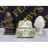 A NICE HAND PAINTED TABLE BOX TOGETHER WITH 2 ACORN FINIALS