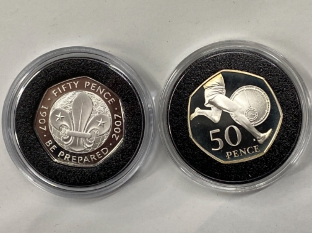 2 ROYAL MINT SILVER PROOF 50P COINS INCLUDES 2007 SCOUTS MINTAGE 12,500 AND 50TH ANNIVERSARY OF