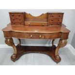 A VICTORIAN MAHOGANY DRESSING TABLE (NO MIRROR) RAISED ON CABRIOLE LEGS 126 X 95 X 50CM