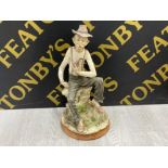 LARGE CAPODIMONTE OLD MAN SMOKING PIPE FIGURE, ON WOODEN PLYNTH