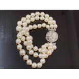 A C1920 NATURAL FRESHWATER PEARL THREE ROW BRACELET THE ROSE PATTERN PLATINUM CLASP SET WITH