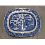 ANTIQUE BLUE AND WHITE WILLOW MEAT PLATTER BY BURN AND CO 42CM BY 34CM