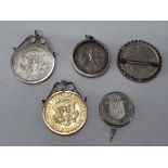 5 OLD JEWELLERY COINS MOUNTED PENDANTS, BROOCH WITH SOME SILVER MOUNTS, ALL MOUNTS EASILY REMOVED