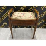 INLAID MAHOGANY TAPESTRY SEATED PIANO STOOL