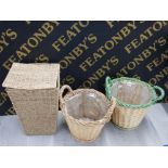 LINEN BASKET AND 2 LOG BASKETS