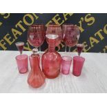 CRANBERRY GLASS TO INCLUDE BOHEMIAN DECANTER NO STOPPER FLORAL ETCHED WINE GLASSES ETC