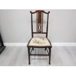 EDWARDIAN INLAID MAHOGANY BEDROOM CHAIR WITH FLORAL HAND WOVEN TAPESTRY SEAT ON BUN FEET