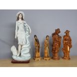 5 FIGURES INCLUDING 4 ORIENTAL RESIN FIGURES AND A PORCELAIN GALOS FIGURE OF A LADY WITH DOG