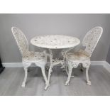 CAST METAL GARDEN TABLE AND 2 MATCHING CHAIRS