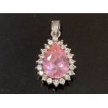 A SILVER PINK STONE AND CZ TEAR DROP PENDANT 3.8G GROSS