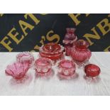 8 PIECES OF ANTIQUE CRANBERRY GLASS WITH CLEAR GLASS CRIMPING