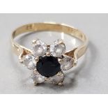 A 9CT YELLOW GOLD SAPPHIRE AND CZ SEVEN STONE CLUSTER RING SIZE P 1/2 2.3G GROSS