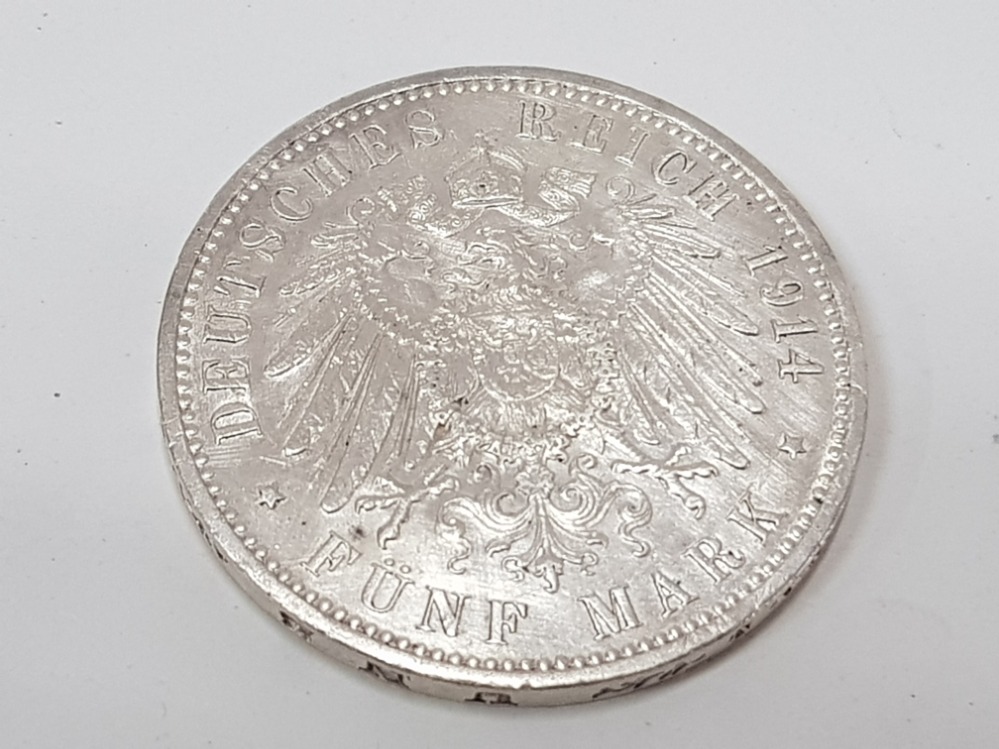 1914 GERMAN SILVER 5 MARKS HIGH GRADE WILHELM IN UNI FORM - Image 2 of 3