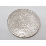 1914 GERMAN SILVER 5 MARKS HIGH GRADE WILHELM IN UNI FORM