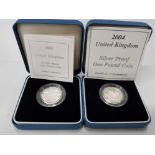 2 SILVER PROOF COINS, 2004 1 POUND FORTHRAIL BRIDGE IN ORIGINAL PACKING AND CASE 25,000 MINTAGE .925