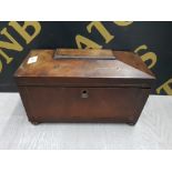 LARGE SARCOPHAGUS SHAPED MAHOGANY TEA CADDY ON BUN FEET WITH BRASS INLAY AND BUTTON HANDLES TO