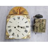 19TH CENTURY HAND PAINTED GRAND FATHER CLOCK FACE AND MECHANISM BY W JOHNSON