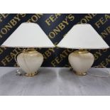 A PAIR OF LARGE CREAM BULBOUS STYLE TABLE 55CM LAMPS WITH LARGE CREAM SHADES