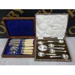 OAK CASED SET OF 6 SILVER PLATED FISH KNIVES AND FORKS TOGETHER WITH SET OF BOXED DESSERT SPOONS AND
