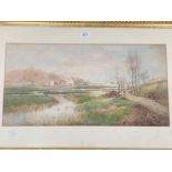 A WATERCOLOUR BY THOMAS SWIFT HUTTON FIGURES ON A LANE WITH COAST BEYOND SIGNED 28.5 X 55.5CM