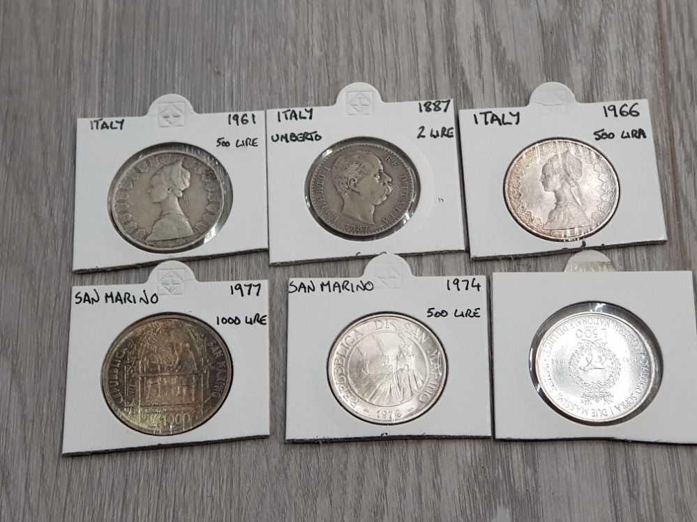 6 SILVER ITALIAN COINS 1887 2 LIRE 1961,1966,1983 AND 1974 500 LIRE AND 1977 1000 LIRE IN NICE