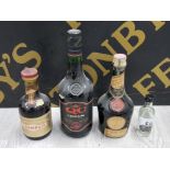 4 BOTTLES OF ALCOHOL INCLUDING DRAMBUIE, QC CREAM BTITISH SHERRY, DOM LIQUEUR AND EDINBURGH GIN