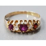 18CT GOLD VICTORIAN 5 STONE RUBY AND DIAMOND RING 2.6G GROSS SIZE- O