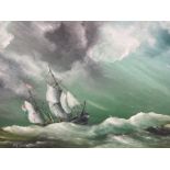 AN OIL ON BOARD BY PAUL J WINTRIP CLIPPER IN A STORMY SEA SIGNED 38 X 67CM