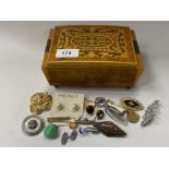 INLAID MUSICAL JEWELLERY BOX AND CONTENTS, INCLUDES CAMEO PIN, DRESS RING ETC