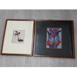 2 WORKS OF ART BY CLARE ARNOLD EMBROIDERY OF A RED STILETTO SIGNED AND DATED 01 AND A COLOUR PRINT