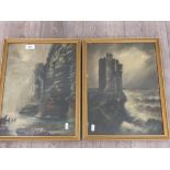 A PAIR OF EARLY 20TH CENTURY OIL PAINTINGS OF A CASTLE AND CLIFF 40 X 29.5CM
