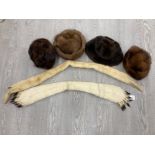 FOUR FUR HATS TO INCLUDE ONE BY ADOLFO II FIFTH AVENUE TOGETHER WITH A STOAT AND AN ERMINE STOLE