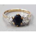 9CT GOLD SAPPHIRE AND CZ 3 STONE RING 2.1 G GROSS SIZE- N