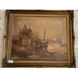 A CONTINENTAL OIL PAINTING OF A HARBOUR SCENE WITH FIGURES SIGNED BOILLIE 39.5 X 50CM