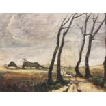 AN EARLY 20TH CENTURY OIL PAINTING COUNTRY LANE WITH COTTAGES AND TREES 31.5 X 36CM