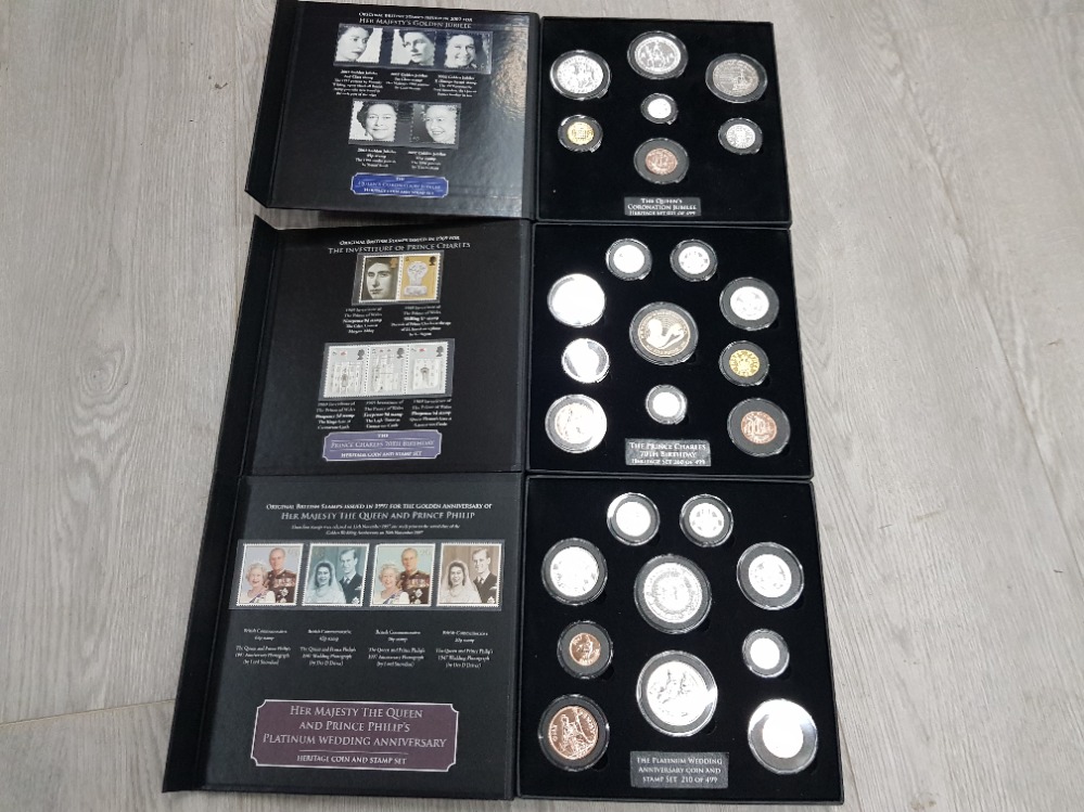 QUEENS CORONATION JUBILEE, QUEENS PLATINUM WEDDING AND PRINCE CHARLES 70TH COIN SETS AND A SET OF