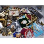 MAINLY MILITARY MISCELLANEOUS ACCUMULATION IN BOX MANY BADGES CAP BADGES LAPEL BADGES MEDALS