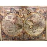 A REPRODUCTION MAP OF THE WORLD IN MIRRORED MOUNT 45.5 X 50CM