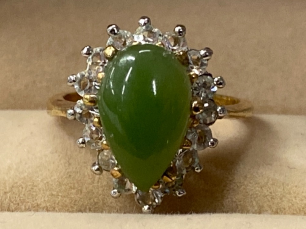 GOLD PLATED JADE AND CZ CLUSTER RING 3.6G GROSS SIZE M