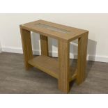 MODERN CONTEMPORARY OAK LAMINATE HALL TABLE WITH GLASS CENTRE PANEL, L90 X D40 X H75