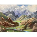 AN OIL ON BOARD BY JIM PARRACK CONTINENTAL MOUNTAIN SCENE WITH FIGURES SIGNED AND DATED 1985 44.5