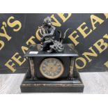 A VICTORIAN SLATE AND MARBLE MANTLE CLOCK WITH PUTTI AND DRAGON TO TOP 37CM HIGH 32.5CM WIDE