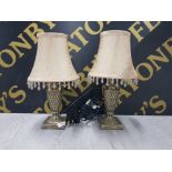 PAIR OF PINEAPPLE URN TABLE LAMPS WITH CRYSTAL DROP SHADES 32CM