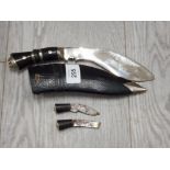 KUKRI KNIFE WITH 2 SMALL KNIVES AND SHEATH 1 WITH DAMAGED TIP